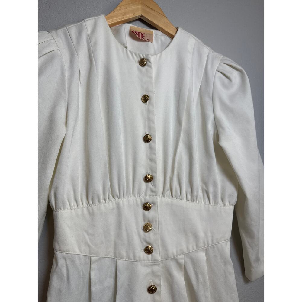 80s White Structured Power Dress Small Retro Gold Long Sleeve Button Up Vintage
